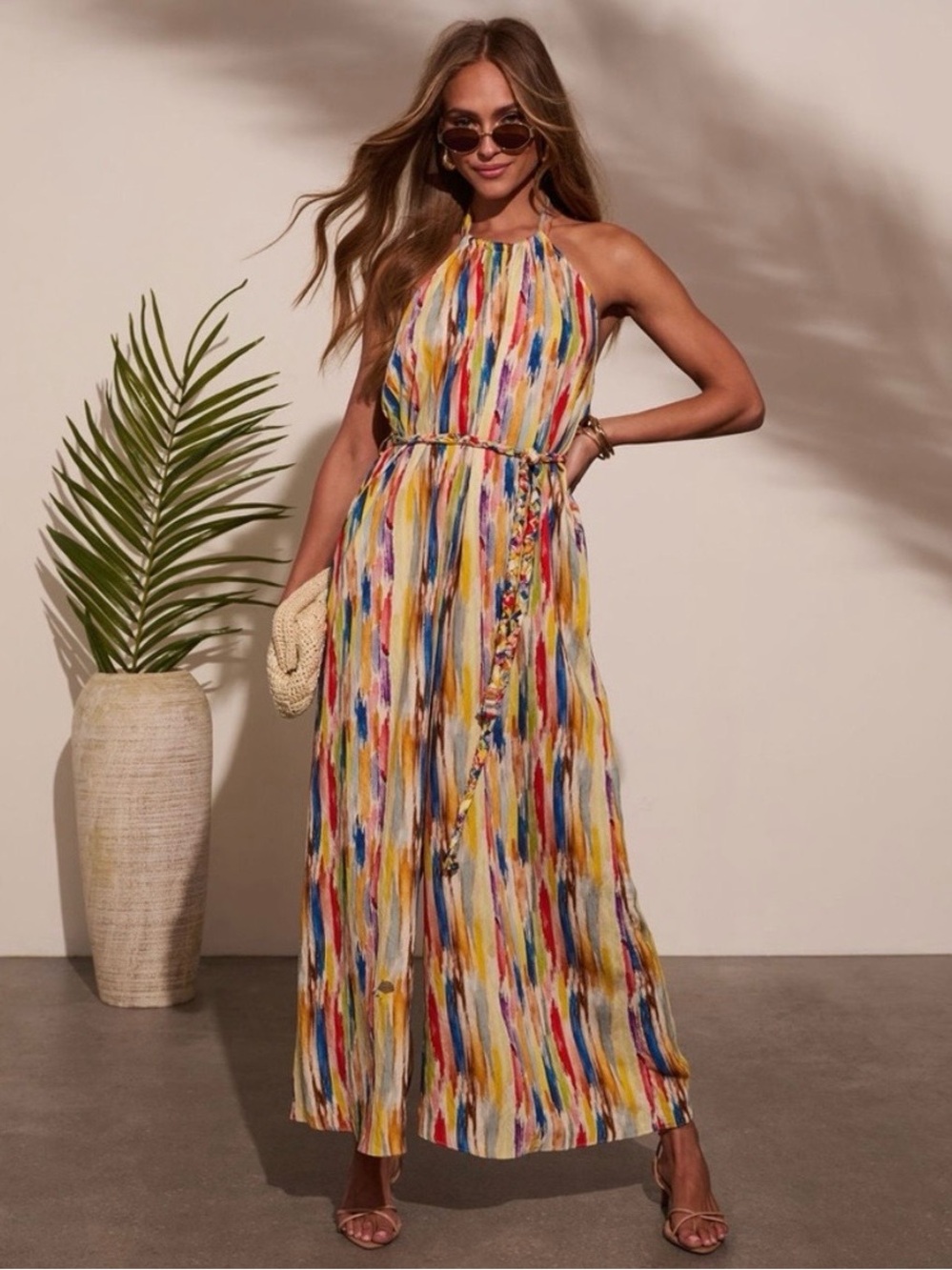 Multicolor Halter Maxi Dress with Tie Waist